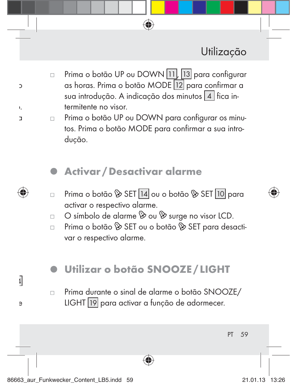 Utilização, Activar / desactivar alarme, Utilizar o botão snooze / light | Auriol Z31408 User Manual | Page 59 / 102