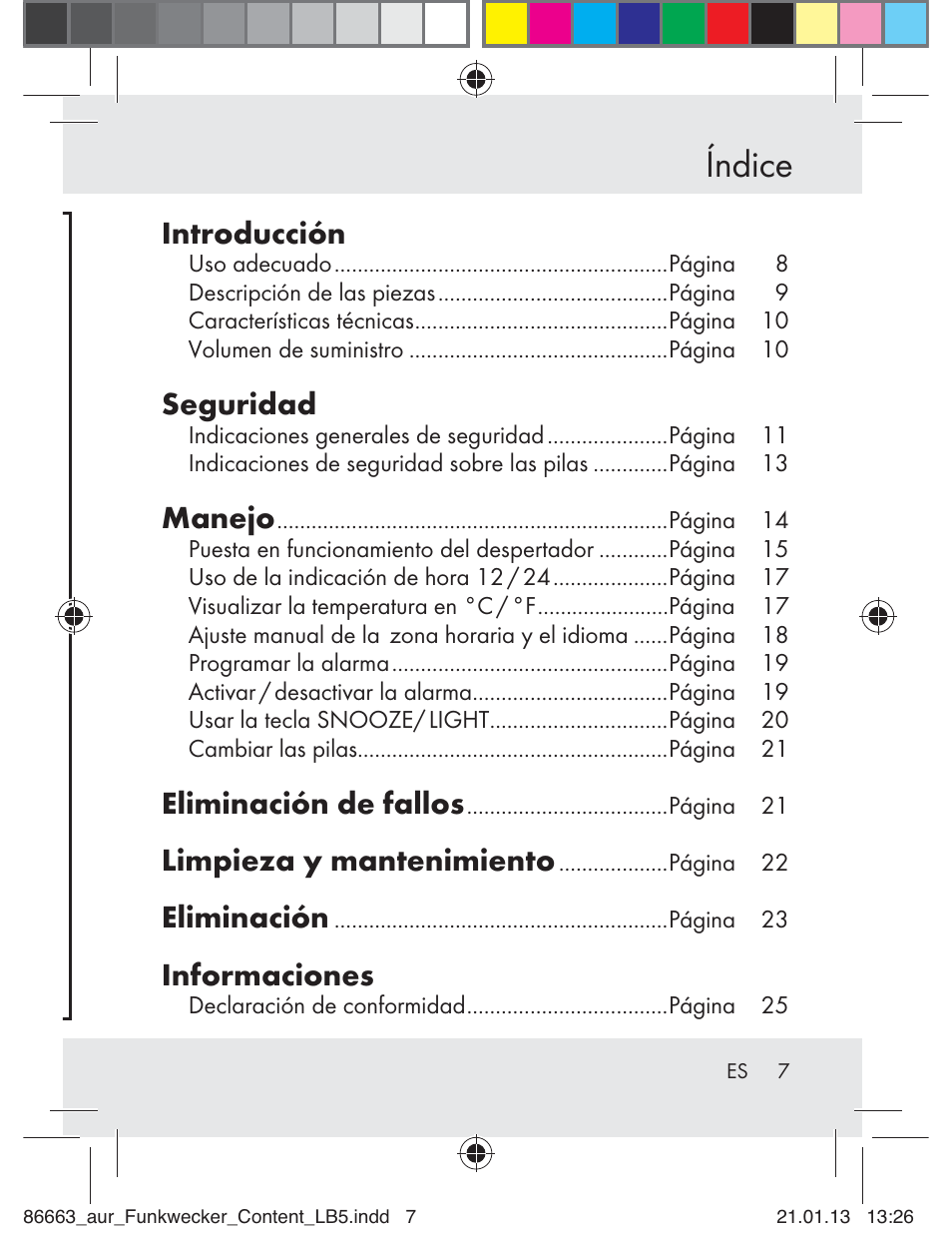 Índice, Introducción, Seguridad | Manejo, Eliminación de fallos, Limpieza y mantenimiento, Eliminación, Informaciones | Auriol Z31408 User Manual | Page 7 / 102