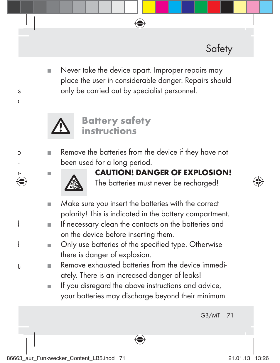 Safety, Battery safety instructions | Auriol Z31408 User Manual | Page 71 / 102