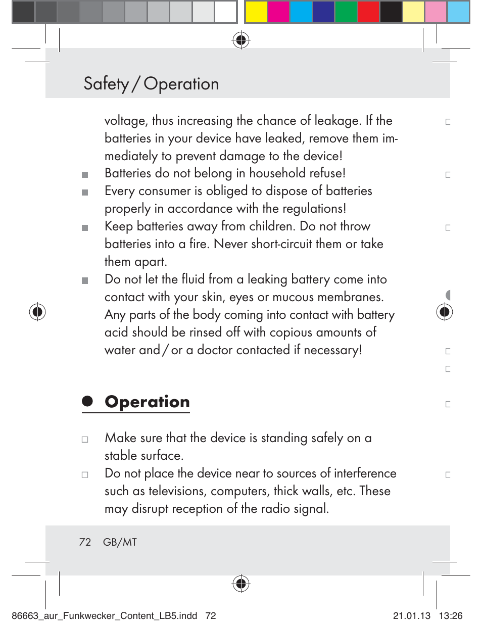 Safety / operation, Operation | Auriol Z31408 User Manual | Page 72 / 102