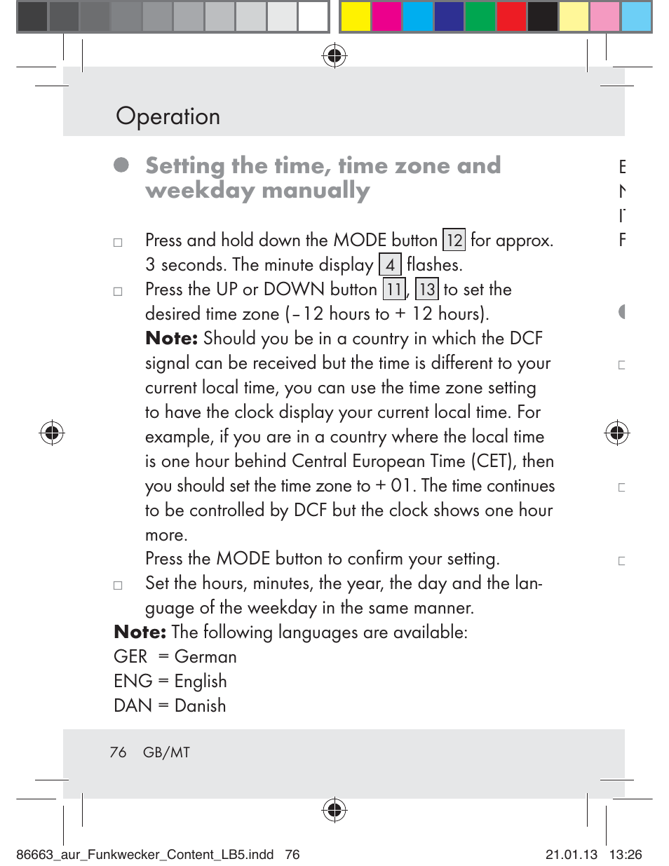 Operation, Setting the time, time zone and weekday manually | Auriol Z31408 User Manual | Page 76 / 102