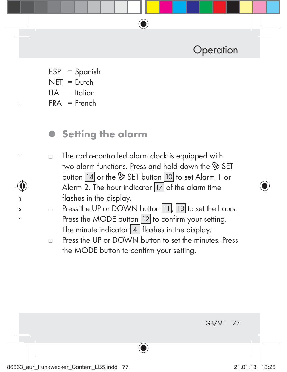 Operation, Setting the alarm | Auriol Z31408 User Manual | Page 77 / 102