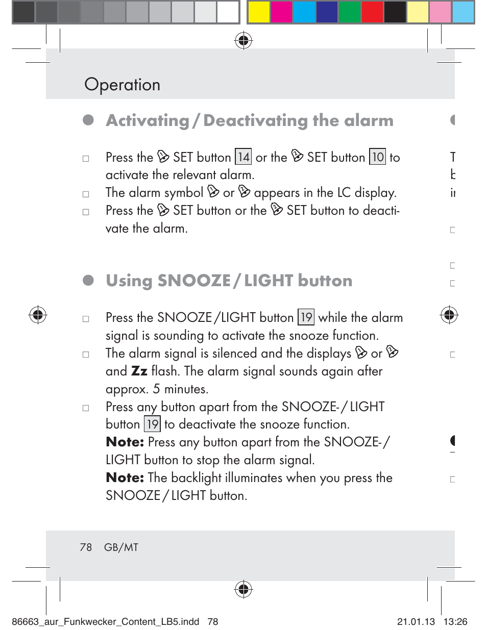 Operation, Activating / deactivating the alarm, Using snooze / light button | Auriol Z31408 User Manual | Page 78 / 102