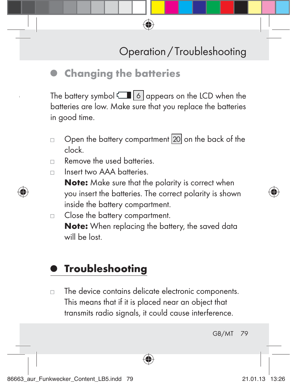 Operation / troubleshooting, Changing the batteries, Troubleshooting | Auriol Z31408 User Manual | Page 79 / 102