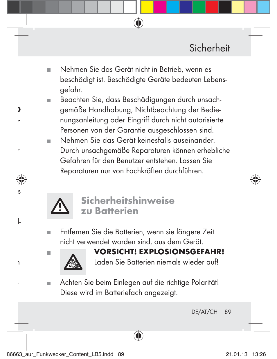 Sicherheit, Sicherheitshinweise zu batterien | Auriol Z31408 User Manual | Page 89 / 102