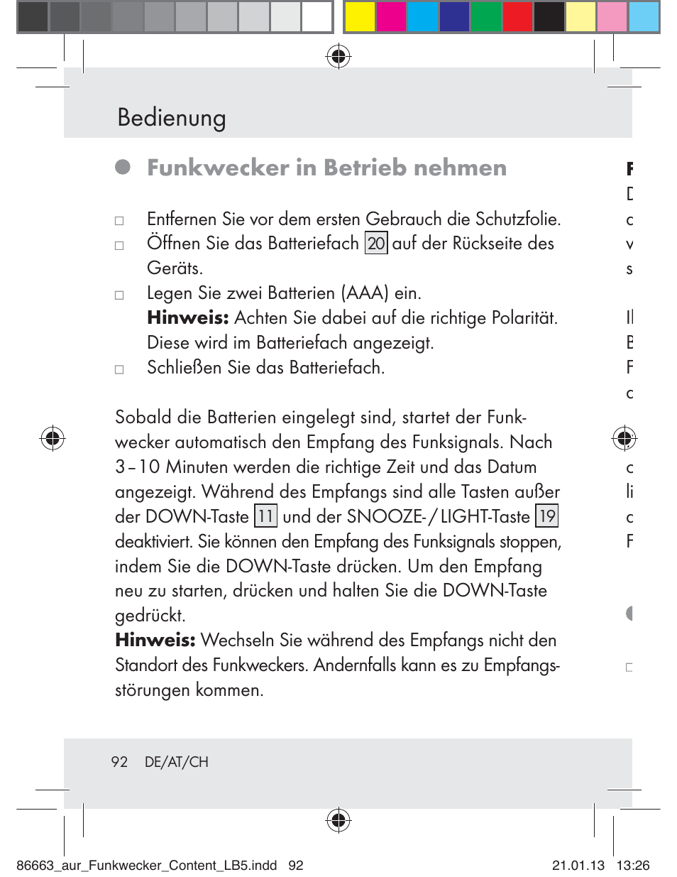 Bedienung, Funkwecker in betrieb nehmen | Auriol Z31408 User Manual | Page 92 / 102