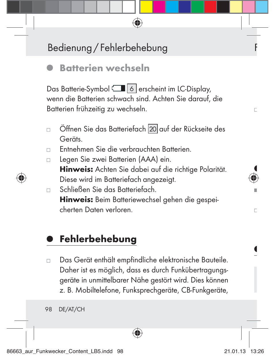 Bedienung / fehlerbehebung, Batterien wechseln, Fehlerbehebung | Auriol Z31408 User Manual | Page 98 / 102