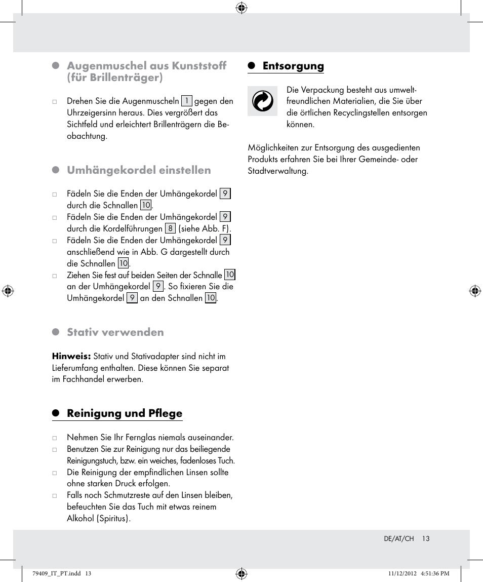 Augenmuschel aus kunststoff (für brillenträger), Umhängekordel einstellen, Stativ verwenden | Reinigung und pflege, Entsorgung | Auriol Z31117 User Manual | Page 13 / 14