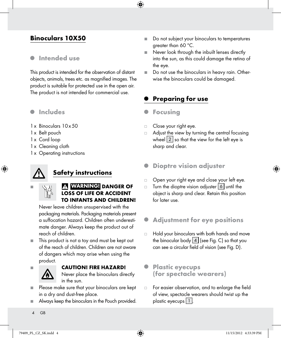 Binoculars 10x50, Intended use, Includes | Safety instructions, Preparing for use, Focusing, Dioptre vision adjuster, Adjustment for eye positions, Plastic eyecups (for spectacle wearers) | Auriol Z31117 User Manual | Page 4 / 18
