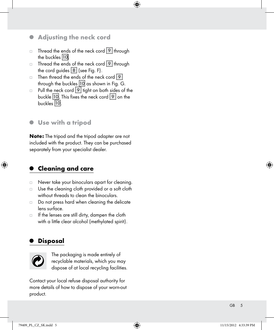 Adjusting the neck cord, Use with a tripod, Cleaning and care | Disposal | Auriol Z31117 User Manual | Page 5 / 18