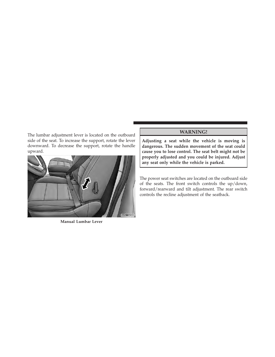 Manual lumbar adjust lever — if equipped, Eight–way power seats — if equipped, Manual lumbar adjust lever | If equipped | Dodge 2010 Grand Caravan User Manual | Page 127 / 530