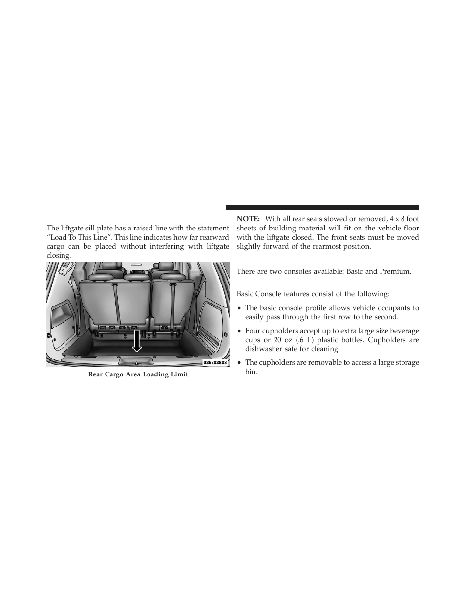 Cargo area storage, Console features, Basic console | Dodge 2010 Grand Caravan User Manual | Page 209 / 530