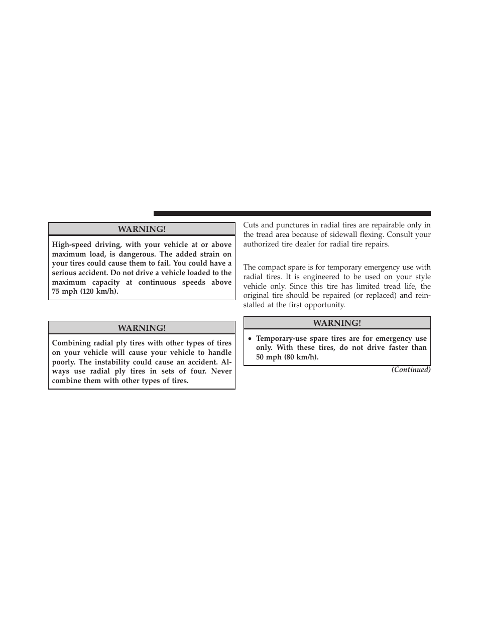 Radial-ply tires, Compact spare tire | Dodge 2010 Grand Caravan User Manual | Page 359 / 530