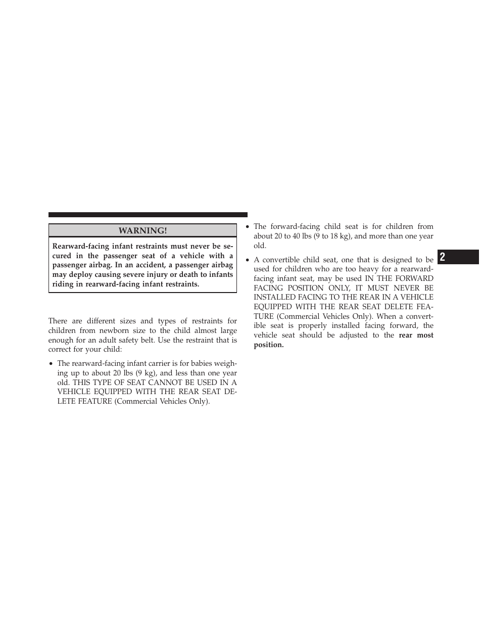 Restraining infants and small children with, Seat delete feature (commercial vehicles only) | Dodge 2010 Grand Caravan User Manual | Page 98 / 530