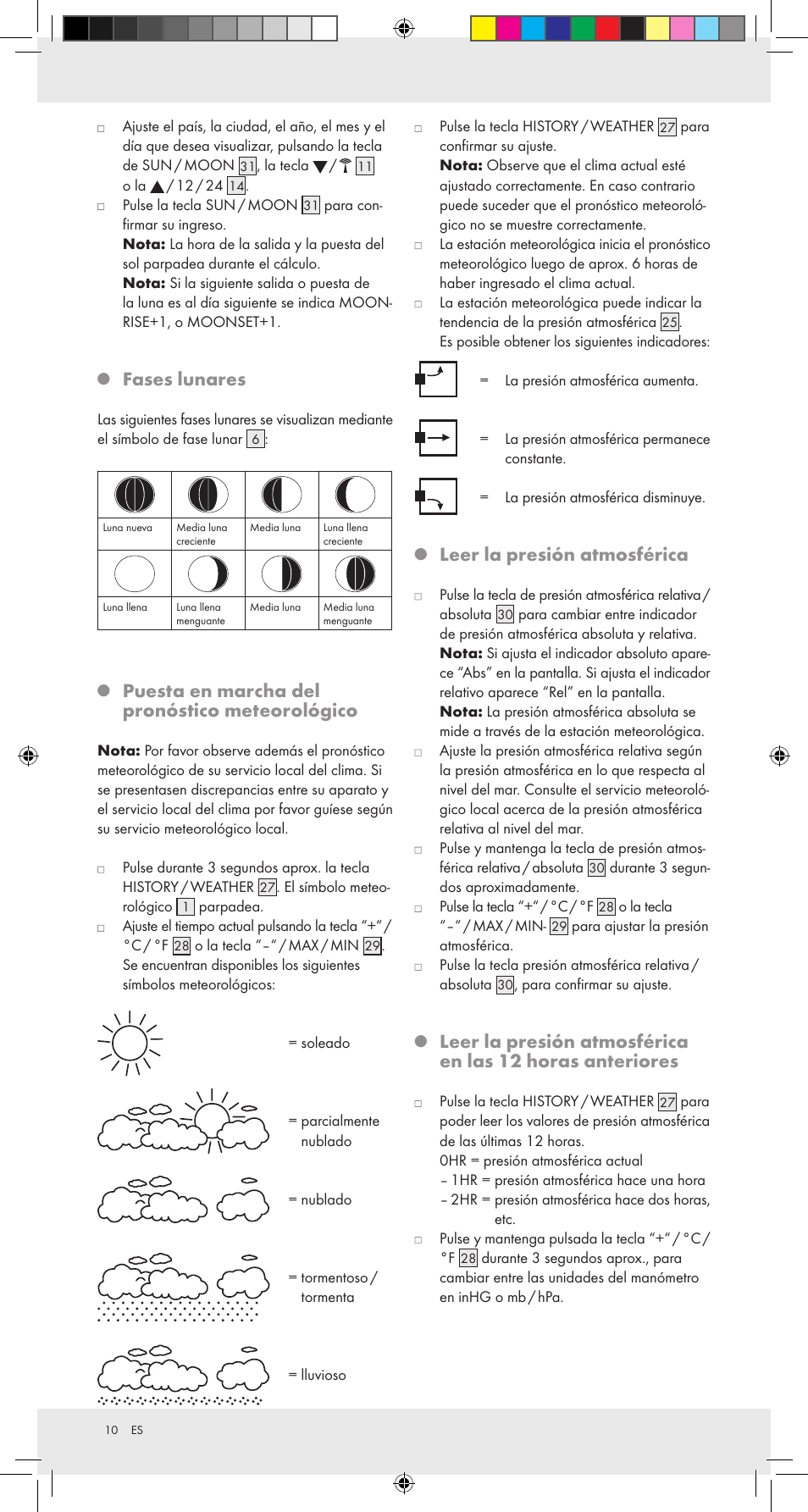 Fases lunares, Puesta en marcha del pronóstico meteorológico, Leer la presión atmosférica | Auriol Z31092 User Manual | Page 10 / 51