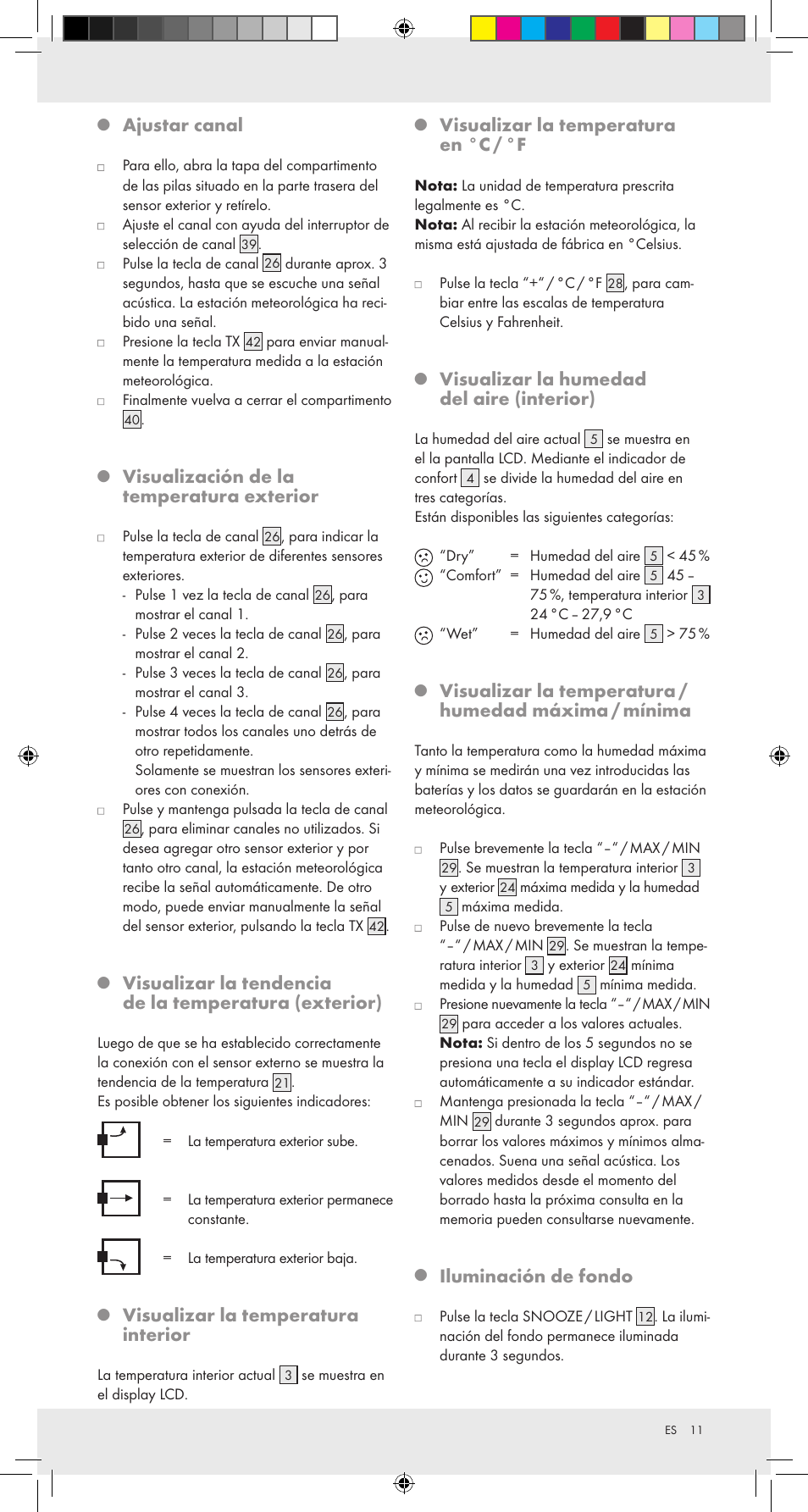 Ajustar canal, Visualización de la temperatura exterior, Visualizar la temperatura interior | Visualizar la temperatura en °c / °f, Visualizar la humedad del aire (interior), Iluminación de fondo | Auriol Z31092 User Manual | Page 11 / 51