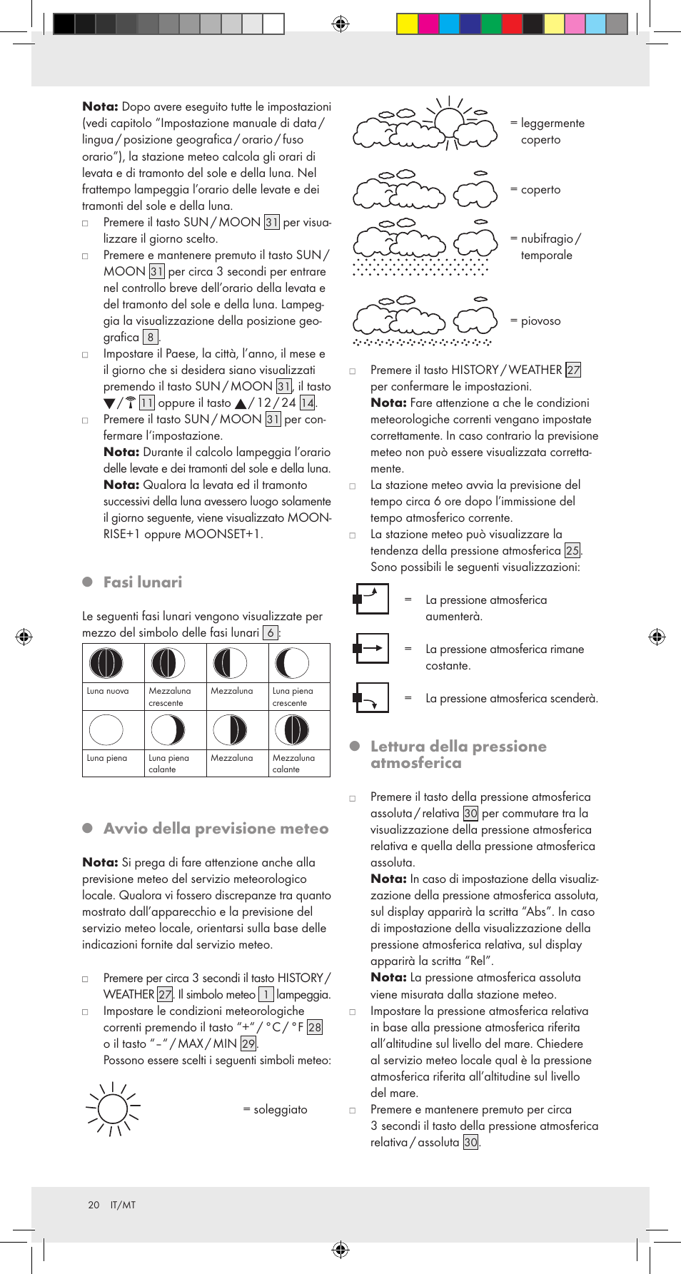 Fasi lunari, Avvio della previsione meteo, Lettura della pressione atmosferica | Auriol Z31092 User Manual | Page 20 / 51