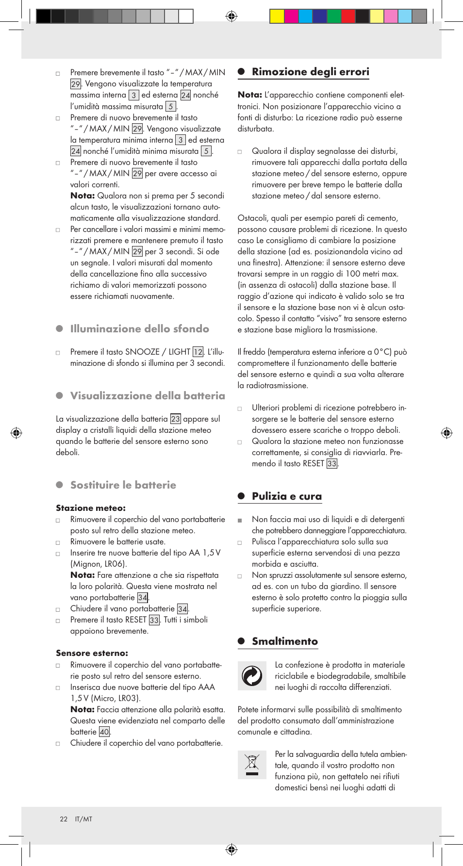 Illuminazione dello sfondo, Visualizzazione della batteria, Sostituire le batterie | Rimozione degli errori, Pulizia e cura, Smaltimento | Auriol Z31092 User Manual | Page 22 / 51