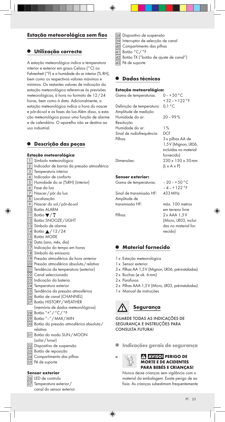 Estação meteorológica sem fios, Utilização correcta, Descrição das peças | Dados técnicos, Material fornecido, Segurança, Indicações gerais de segurança | Auriol Z31092 User Manual | Page 25 / 51