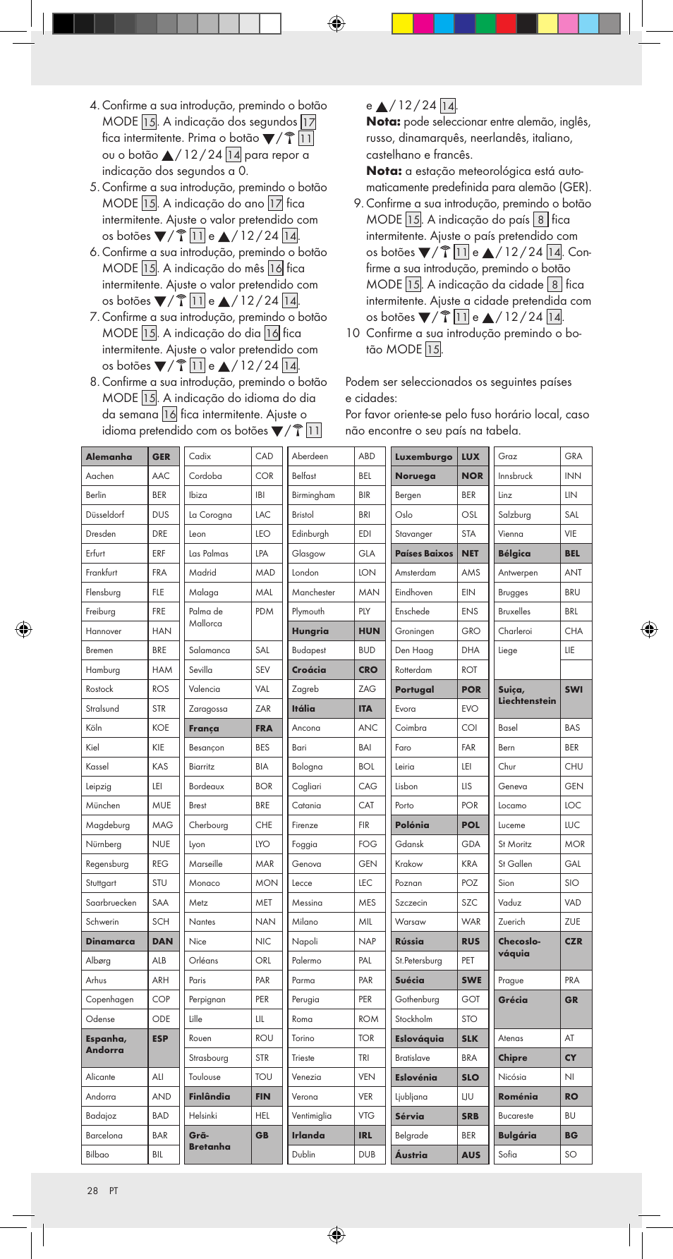 Confirme a sua introdução, premindo o botão mode, A indicação dos segundos, Fica intermitente. prima o botão | Ou o botão / 12 / 24, A indicação do ano, E / 12 / 24, A indicação do mês, A indicação do dia, A indicação do idioma do dia da semana, A indicação do país | Auriol Z31092 User Manual | Page 28 / 51