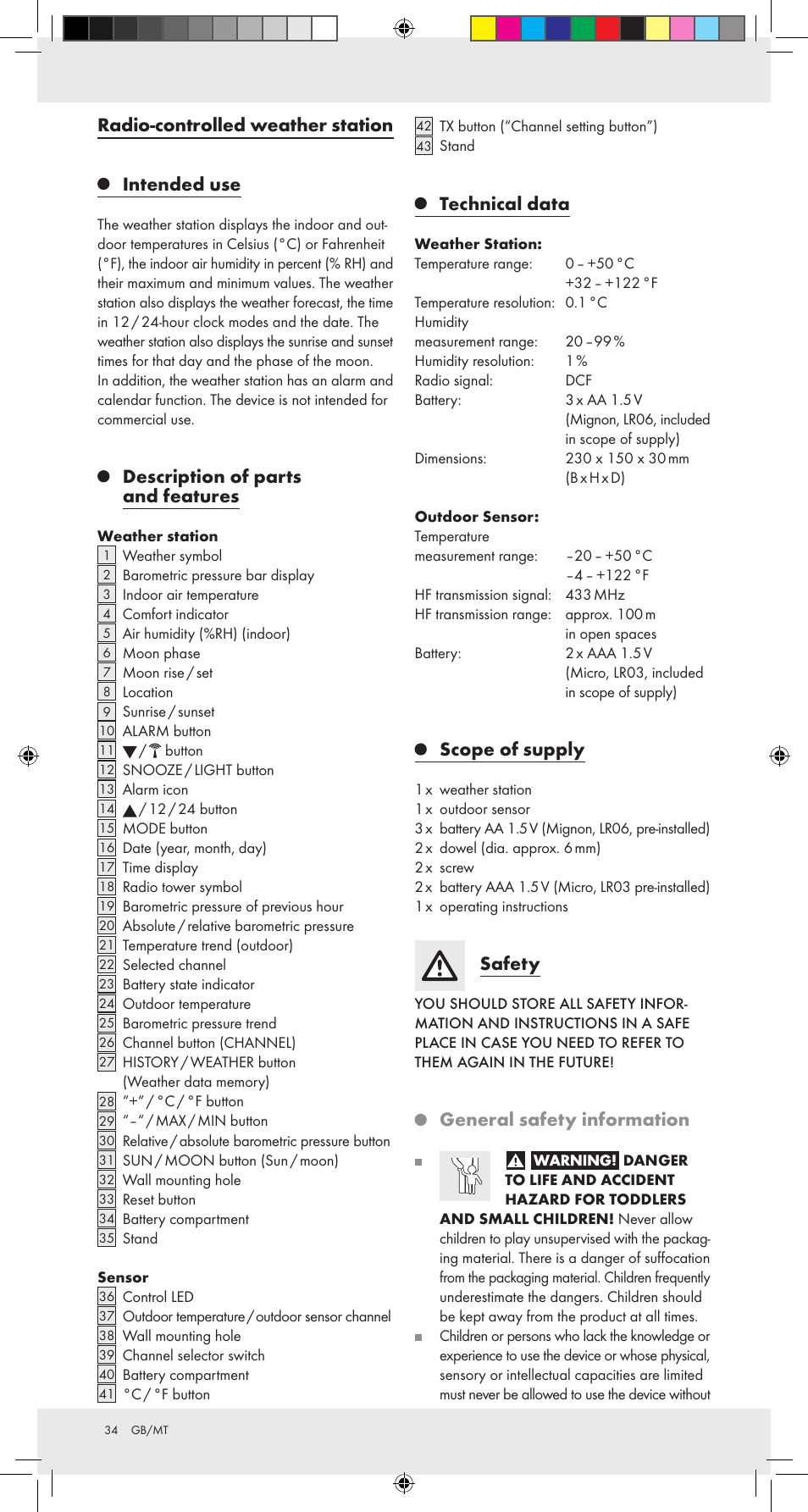 Radio­controlled weather station intended use, Description of parts and features, Technical data | Scope of supply, Safety, General safety information | Auriol Z31092 User Manual | Page 34 / 51