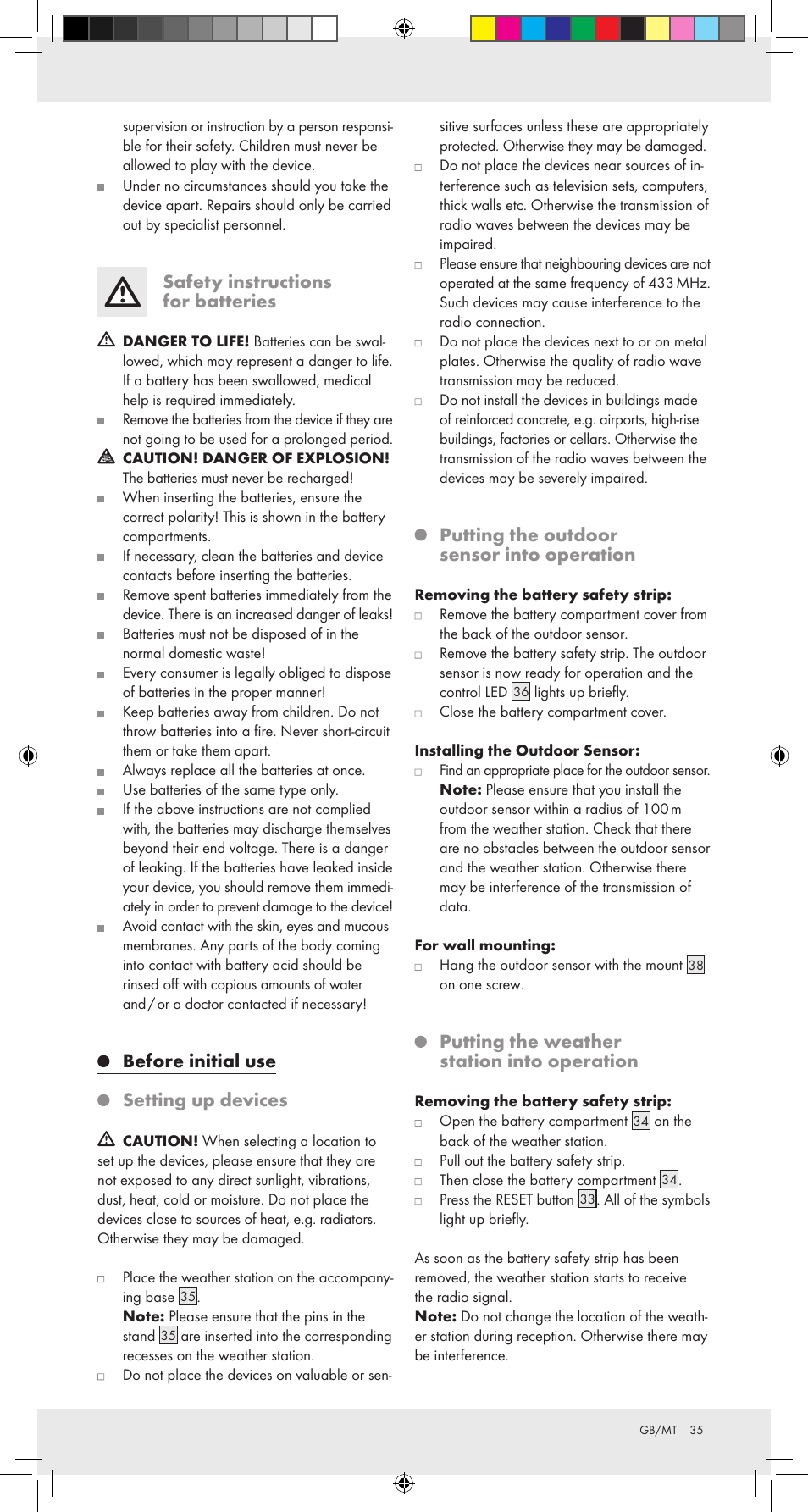 Safety instructions for batteries, Before initial use setting up devices, Putting the outdoor sensor into operation | Putting the weather station into operation | Auriol Z31092 User Manual | Page 35 / 51