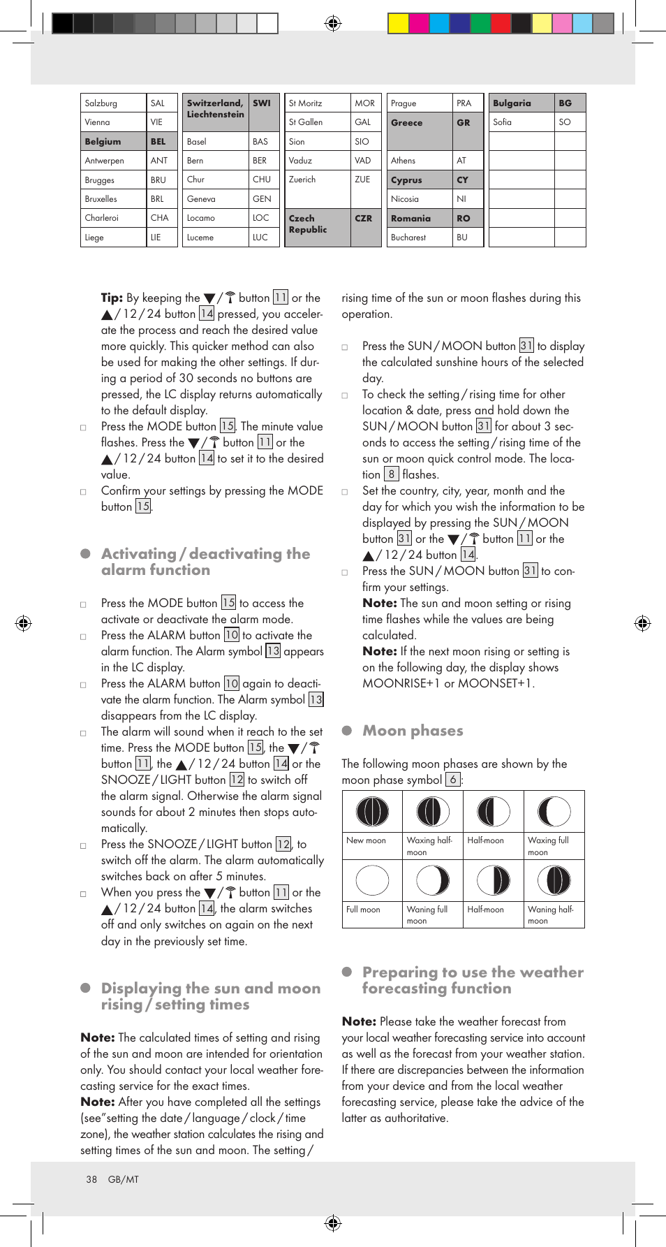 Activating / deactivating the alarm function, Displaying the sun and moon rising / setting times, Moon phases | Preparing to use the weather forecasting function | Auriol Z31092 User Manual | Page 38 / 51