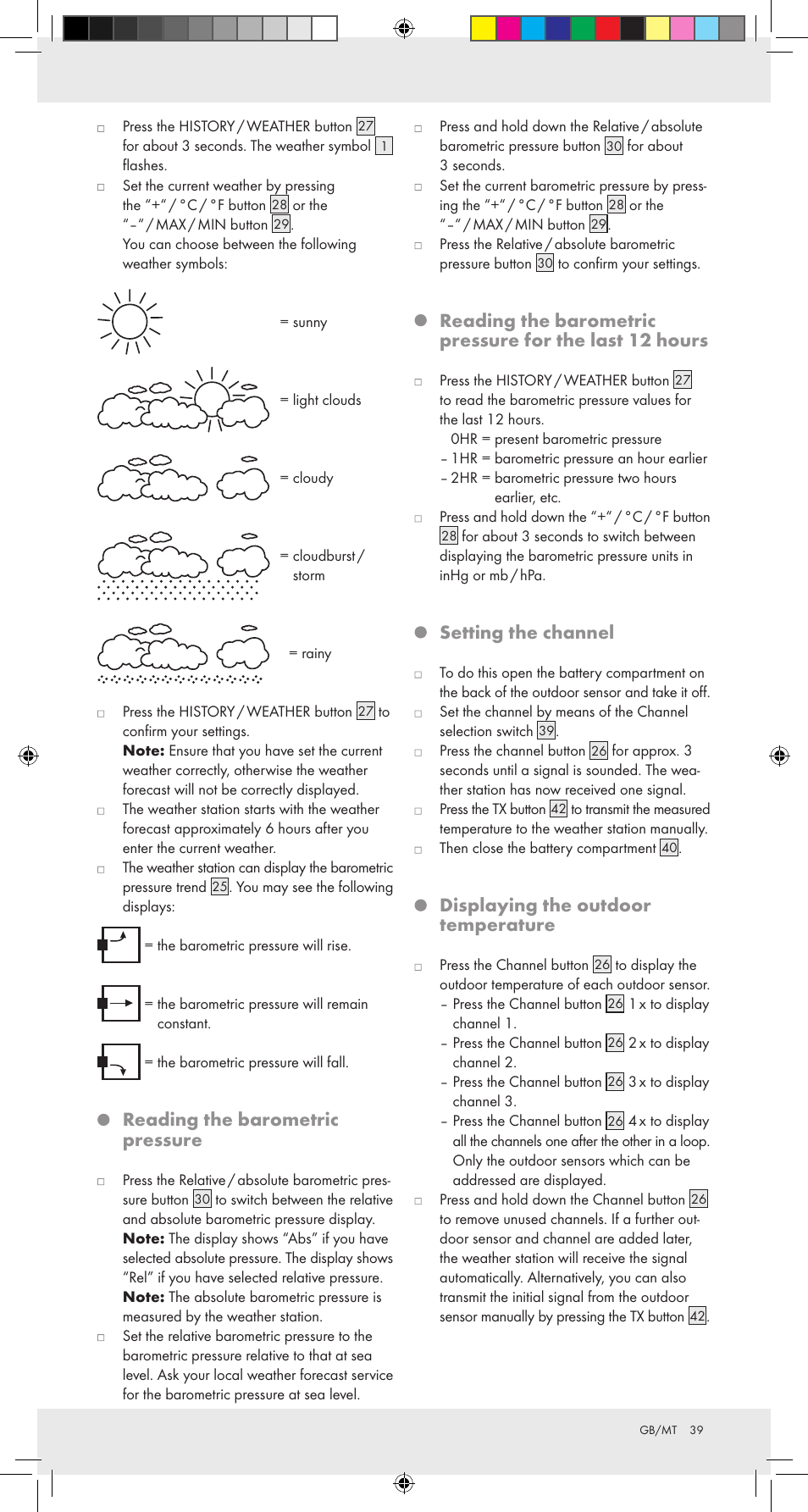 Reading the barometric pressure, Setting the channel, Displaying the outdoor temperature | Auriol Z31092 User Manual | Page 39 / 51