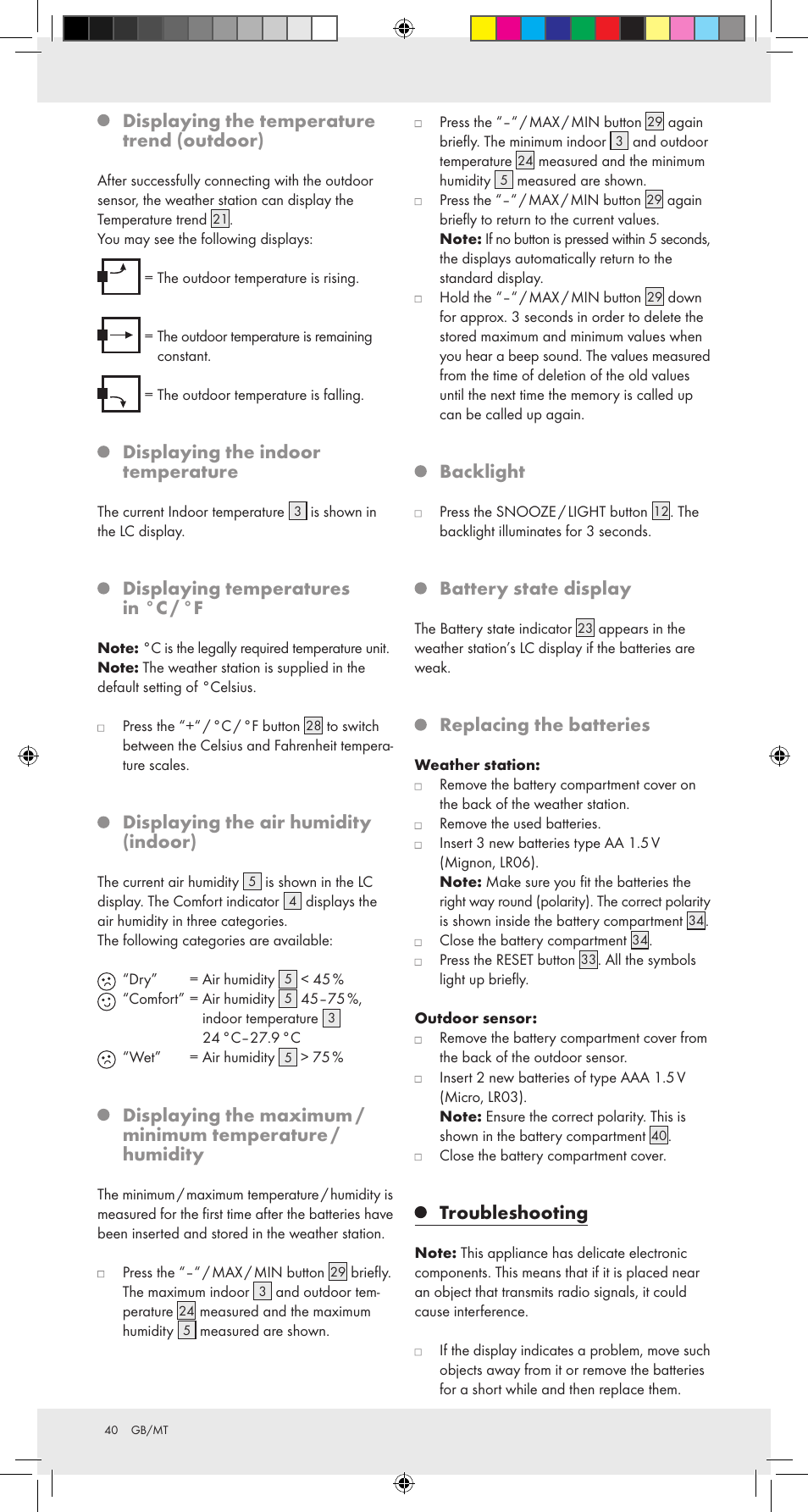 Displaying the temperature trend (outdoor), Displaying the indoor temperature, Displaying temperatures in °c / °f | Displaying the air humidity (indoor), Backlight, Battery state display, Replacing the batteries, Troubleshooting | Auriol Z31092 User Manual | Page 40 / 51