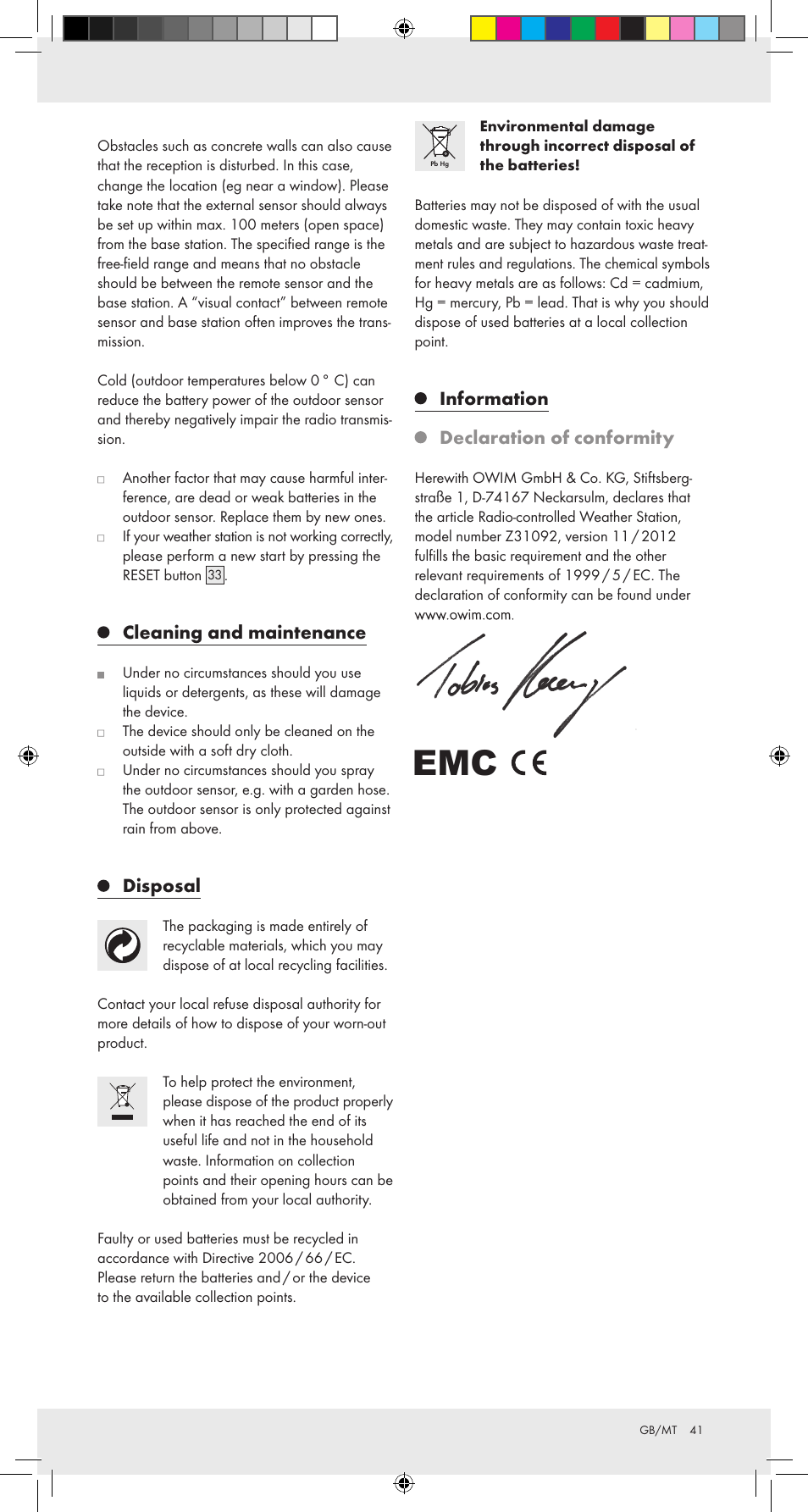 Cleaning and maintenance, Disposal, Information declaration of conformity | Auriol Z31092 User Manual | Page 41 / 51