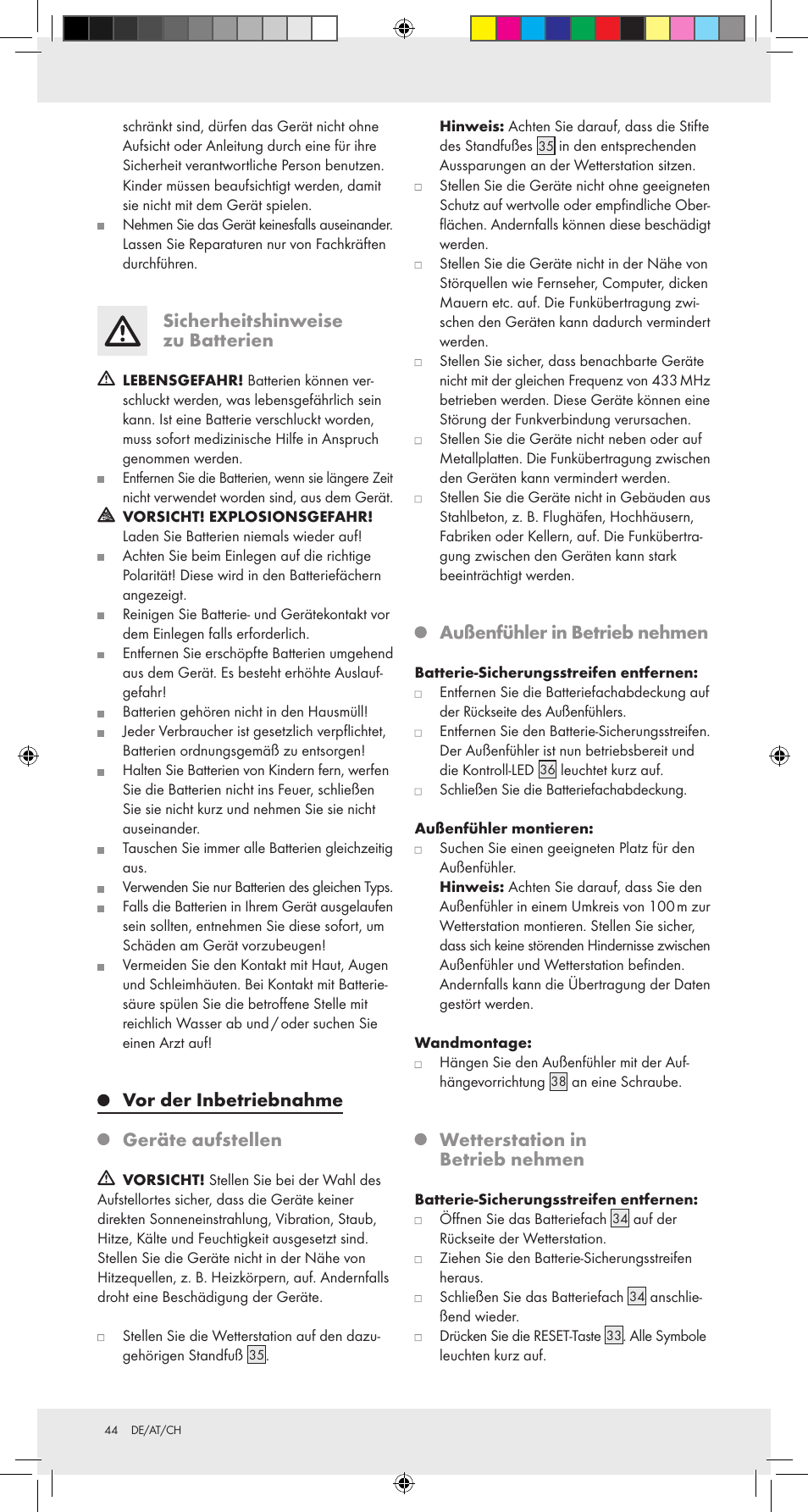 Sicherheitshinweise zu batterien, Vor der inbetriebnahme, Geräte aufstellen | Außenfühler in betrieb nehmen, Wetterstation in betrieb nehmen | Auriol Z31092 User Manual | Page 44 / 51