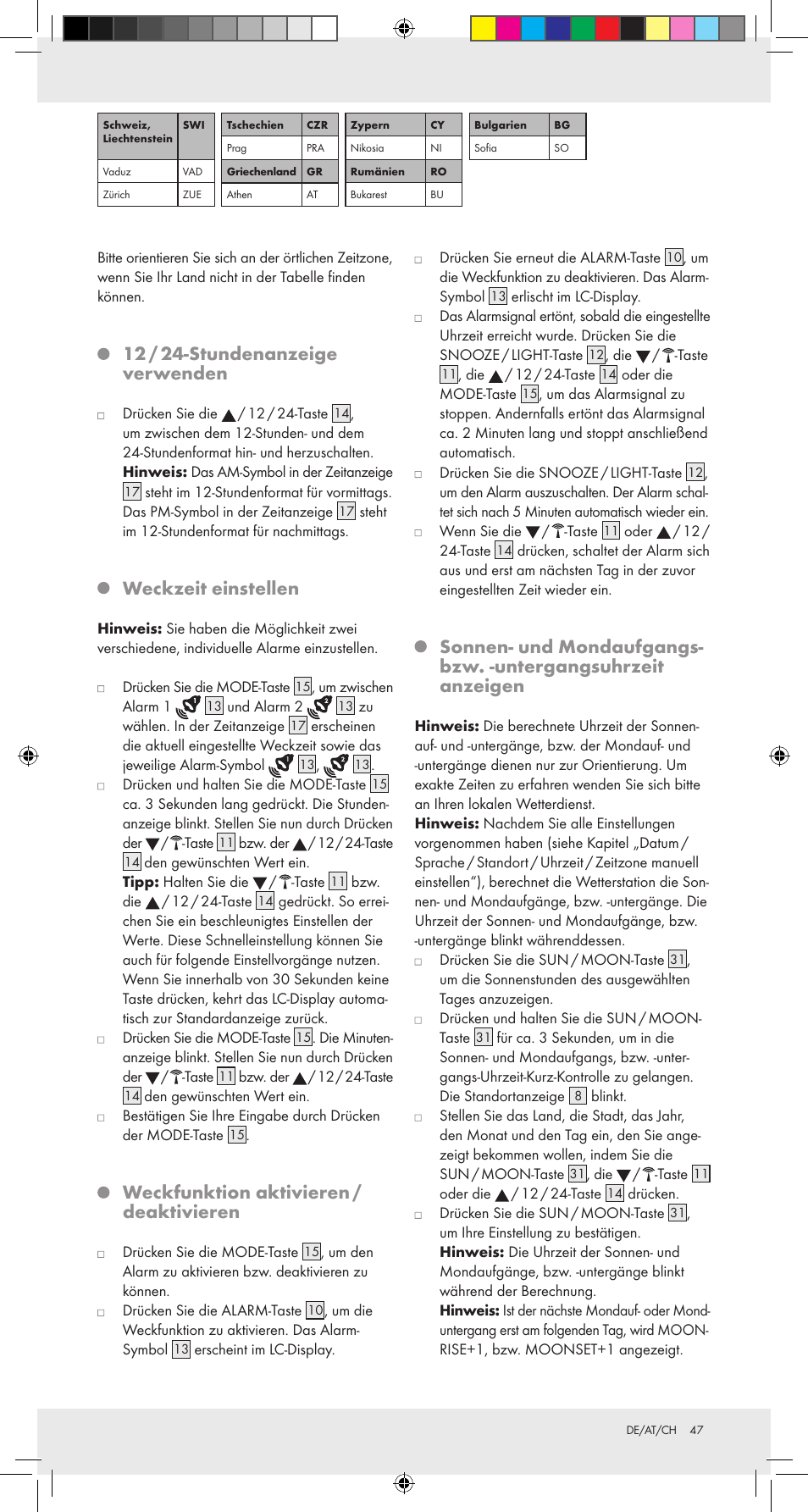 12 / 24­stundenanzeige verwenden, Weckzeit einstellen, Weckfunktion aktivieren / deaktivieren | Auriol Z31092 User Manual | Page 47 / 51