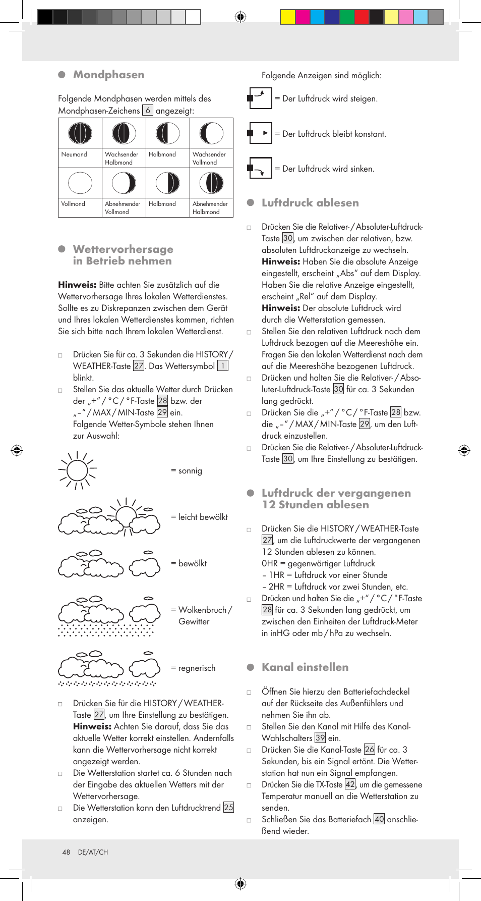 Mondphasen, Wettervorhersage in betrieb nehmen, Luftdruck ablesen | Luftdruck der vergangenen 12 stunden ablesen, Kanal einstellen | Auriol Z31092 User Manual | Page 48 / 51