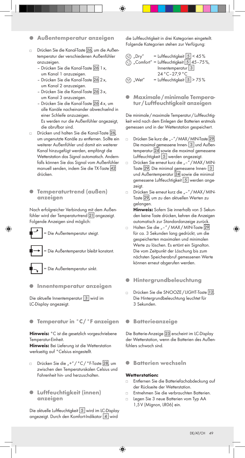 Außentemperatur anzeigen, Temperaturtrend (außen) anzeigen, Innentemperatur anzeigen | Temperatur in °c / °f anzeigen, Luftfeuchtigkeit (innen) anzeigen, Hintergrundbeleuchtung, Batterieanzeige, Batterien wechseln | Auriol Z31092 User Manual | Page 49 / 51