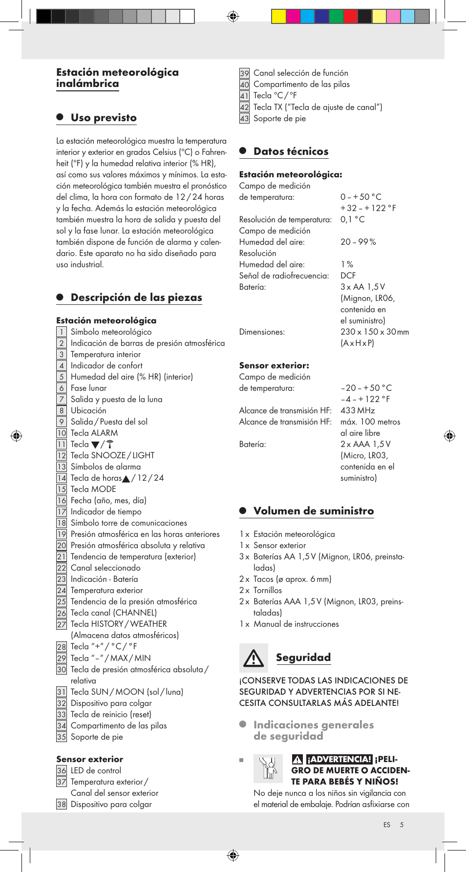 Estación meteorológica inalámbrica, Uso previsto, Descripción de las piezas | Datos técnicos, Volumen de suministro, Seguridad, Indicaciones generales de seguridad | Auriol Z31092 User Manual | Page 5 / 51