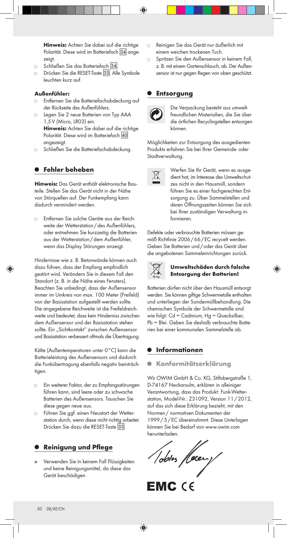 Fehler beheben, Reinigung und pﬂ ege, Entsorgung | Informationen konformitätserklärung | Auriol Z31092 User Manual | Page 50 / 51