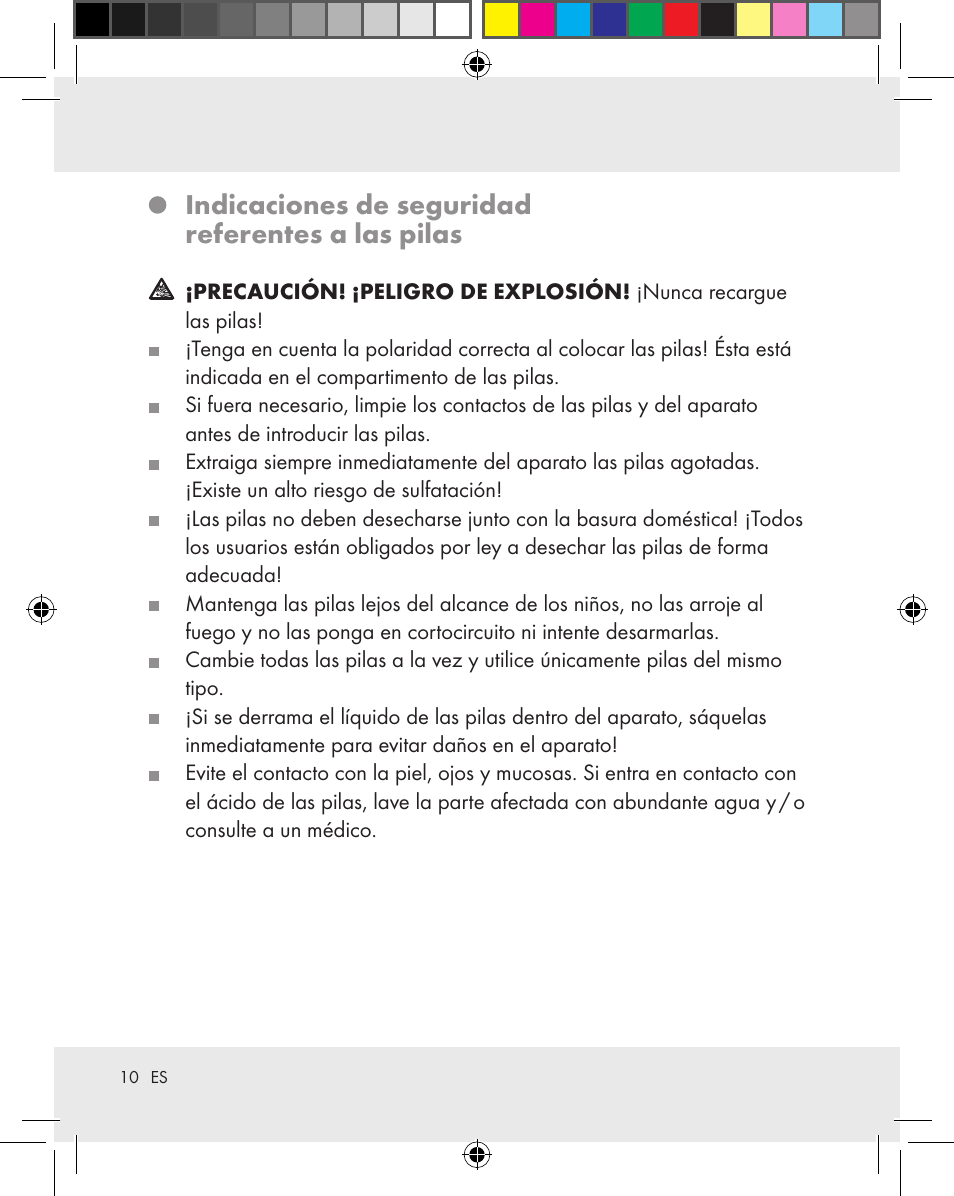 Indicaciones de seguridad referentes a las pilas | Auriol Z31163 User Manual | Page 10 / 80