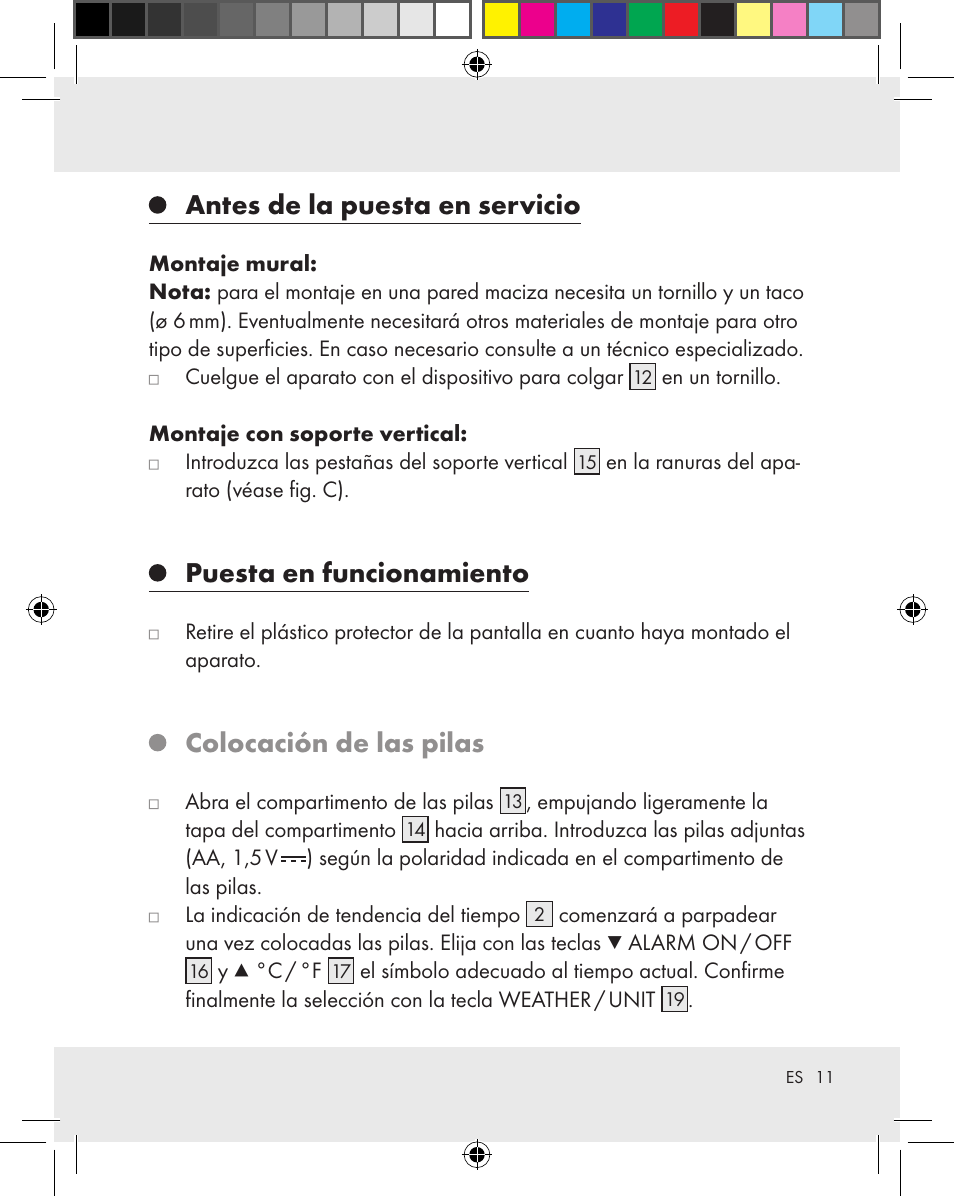 Antes de la puesta en servicio, Puesta en funcionamiento, Colocación de las pilas | Auriol Z31163 User Manual | Page 11 / 80