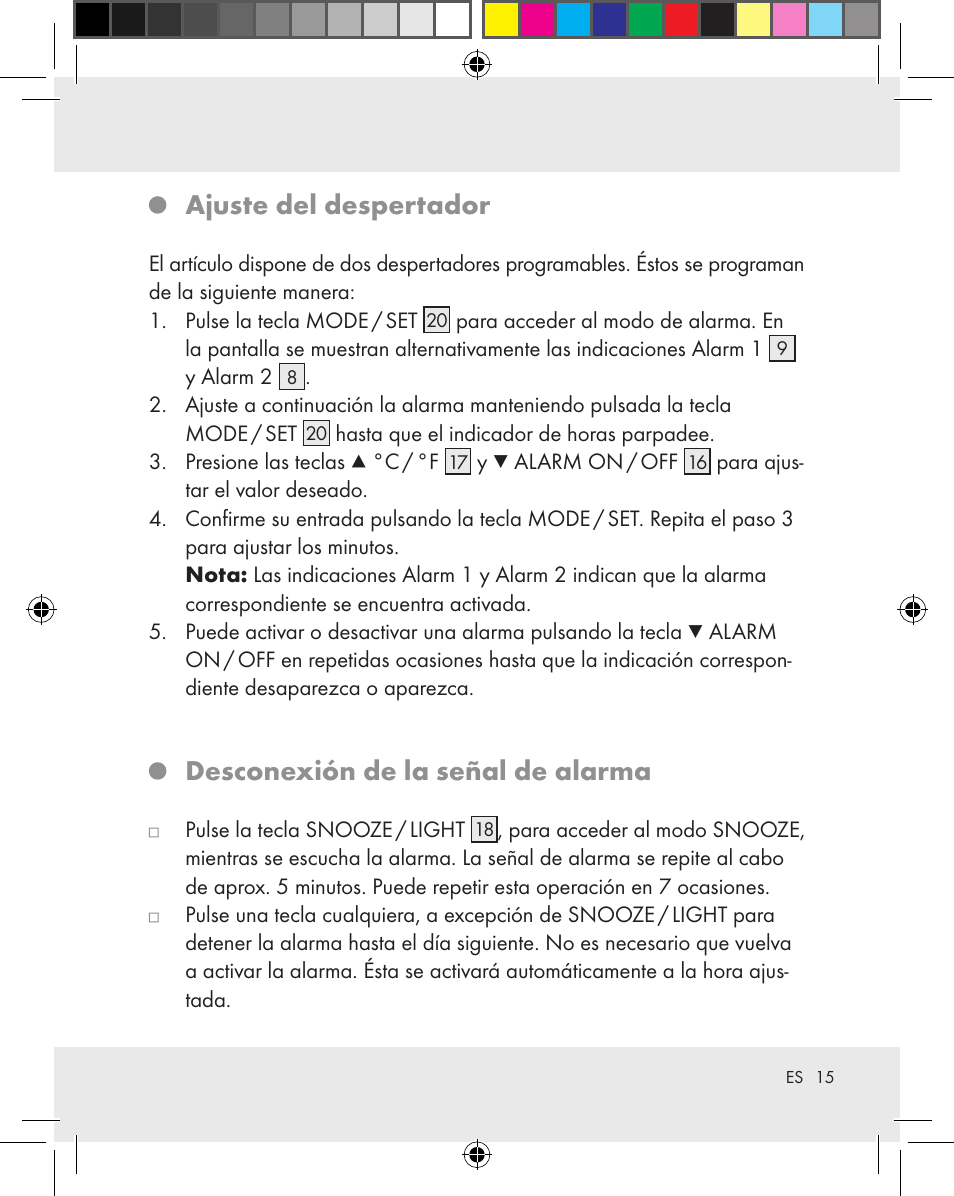 Ajuste del despertador, Desconexión de la señal de alarma | Auriol Z31163 User Manual | Page 15 / 80