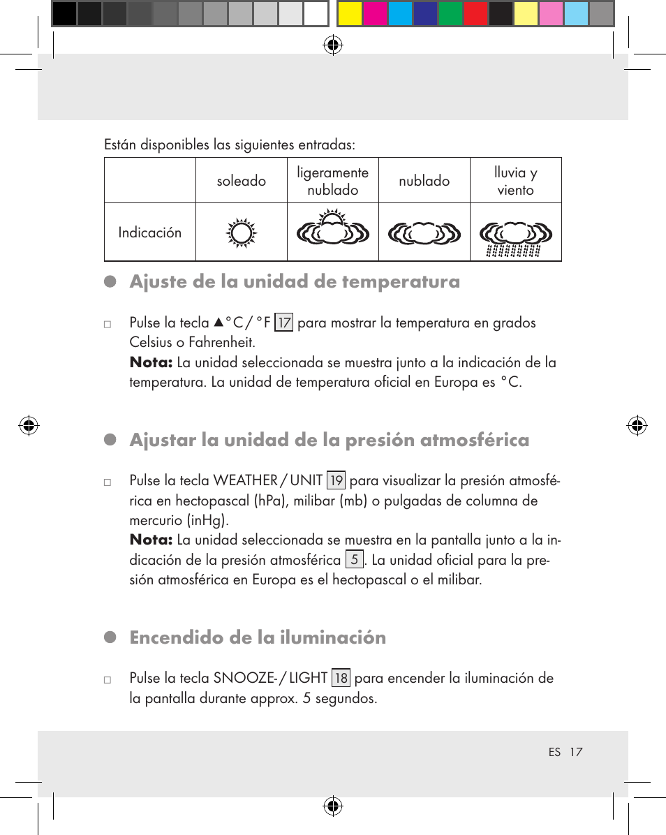 Ajuste de la unidad de temperatura, Ajustar la unidad de la presión atmosférica, Encendido de la iluminación | Auriol Z31163 User Manual | Page 17 / 80