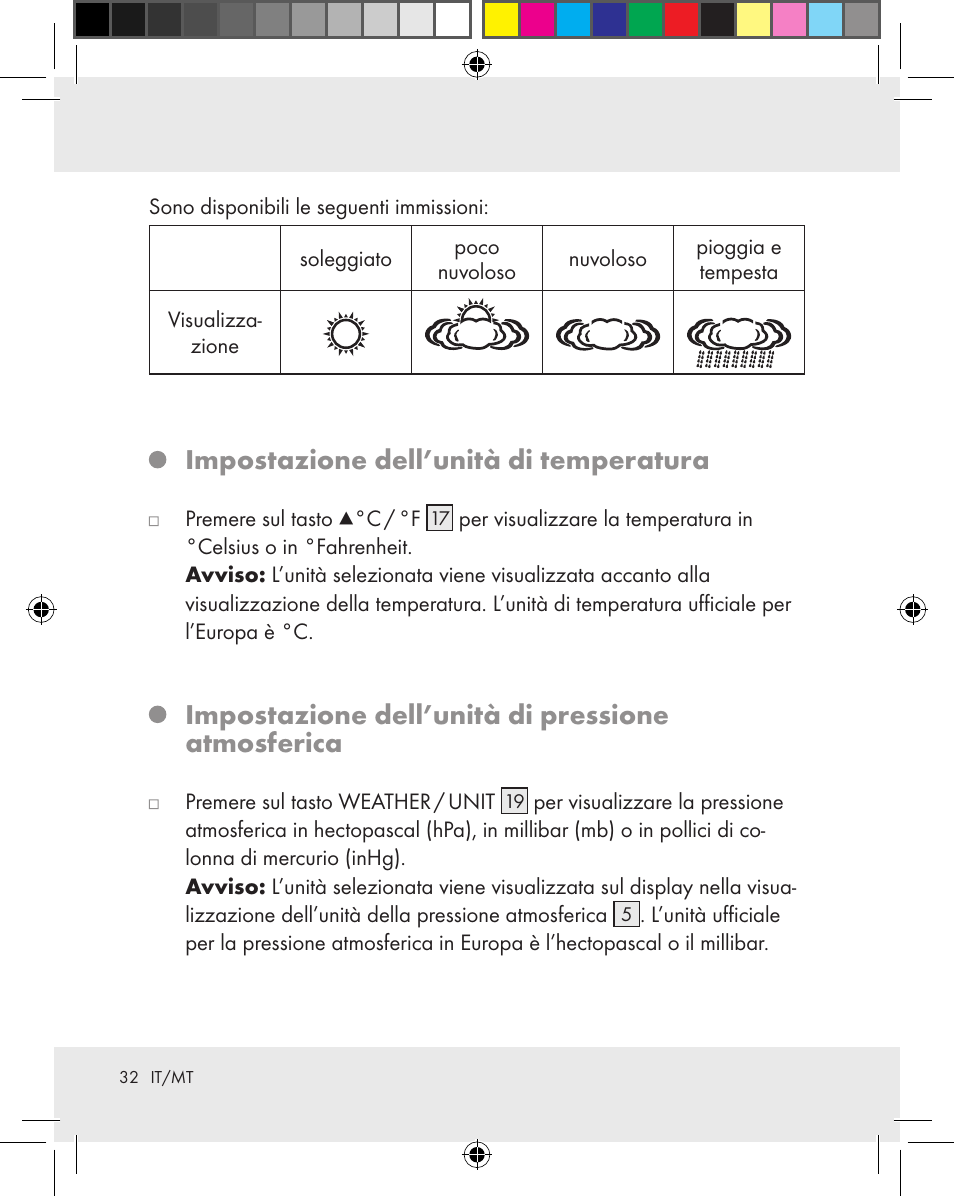 Impostazione dell’unità di temperatura, Impostazione dell’unità di pressione atmosferica | Auriol Z31163 User Manual | Page 32 / 80