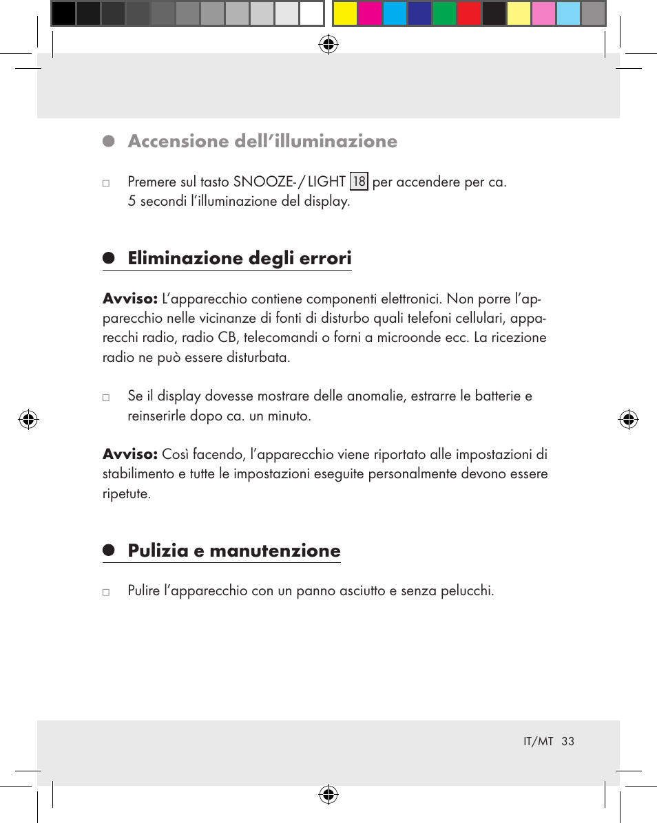 Accensione dell’illuminazione, Eliminazione degli errori, Pulizia e manutenzione | Auriol Z31163 User Manual | Page 33 / 80