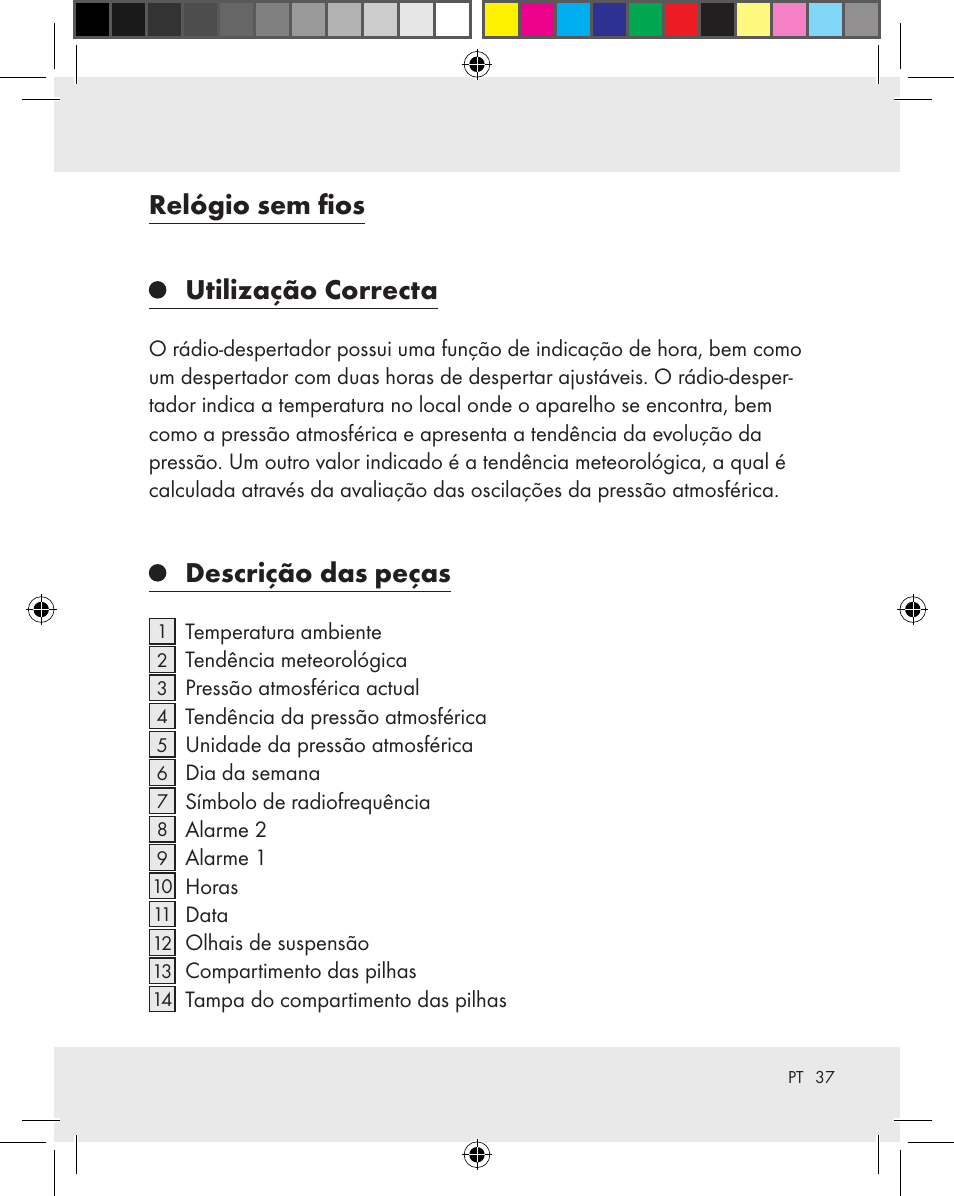 Relógio sem fios utilização correcta, Descrição das peças | Auriol Z31163 User Manual | Page 37 / 80