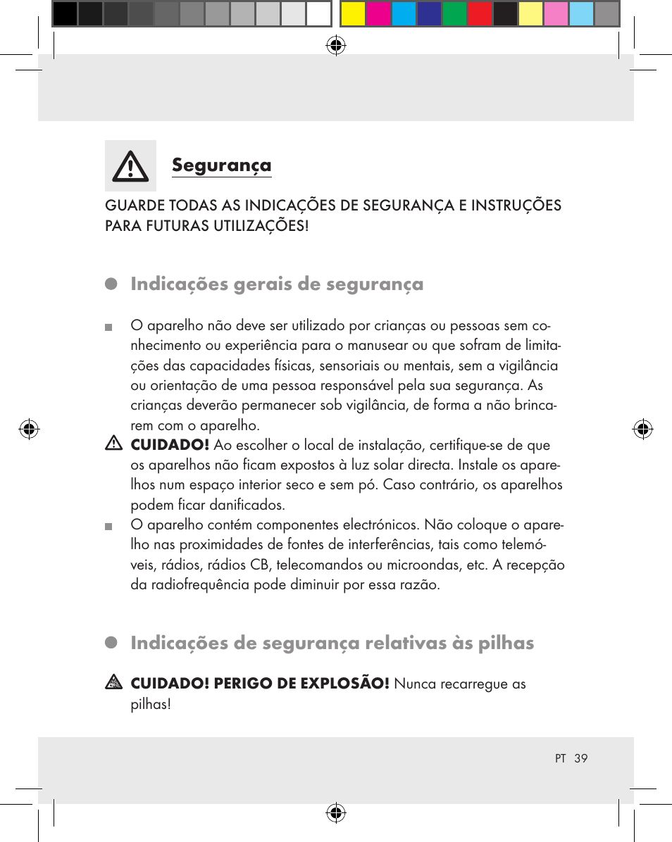 Segurança, Indicações gerais de segurança, Indicações de segurança relativas às pilhas | Auriol Z31163 User Manual | Page 39 / 80