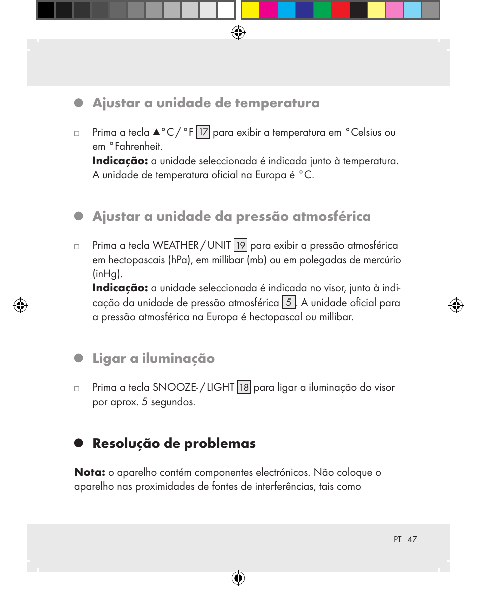 Ajustar a unidade de temperatura, Ajustar a unidade da pressão atmosférica, Ligar a iluminação | Resolução de problemas | Auriol Z31163 User Manual | Page 47 / 80