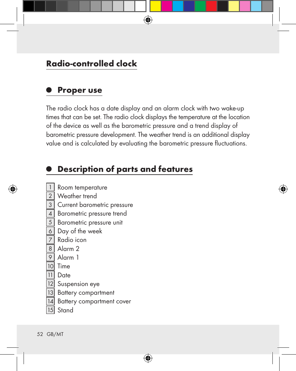 Radio-controlled clock proper use, Description of parts and features | Auriol Z31163 User Manual | Page 52 / 80