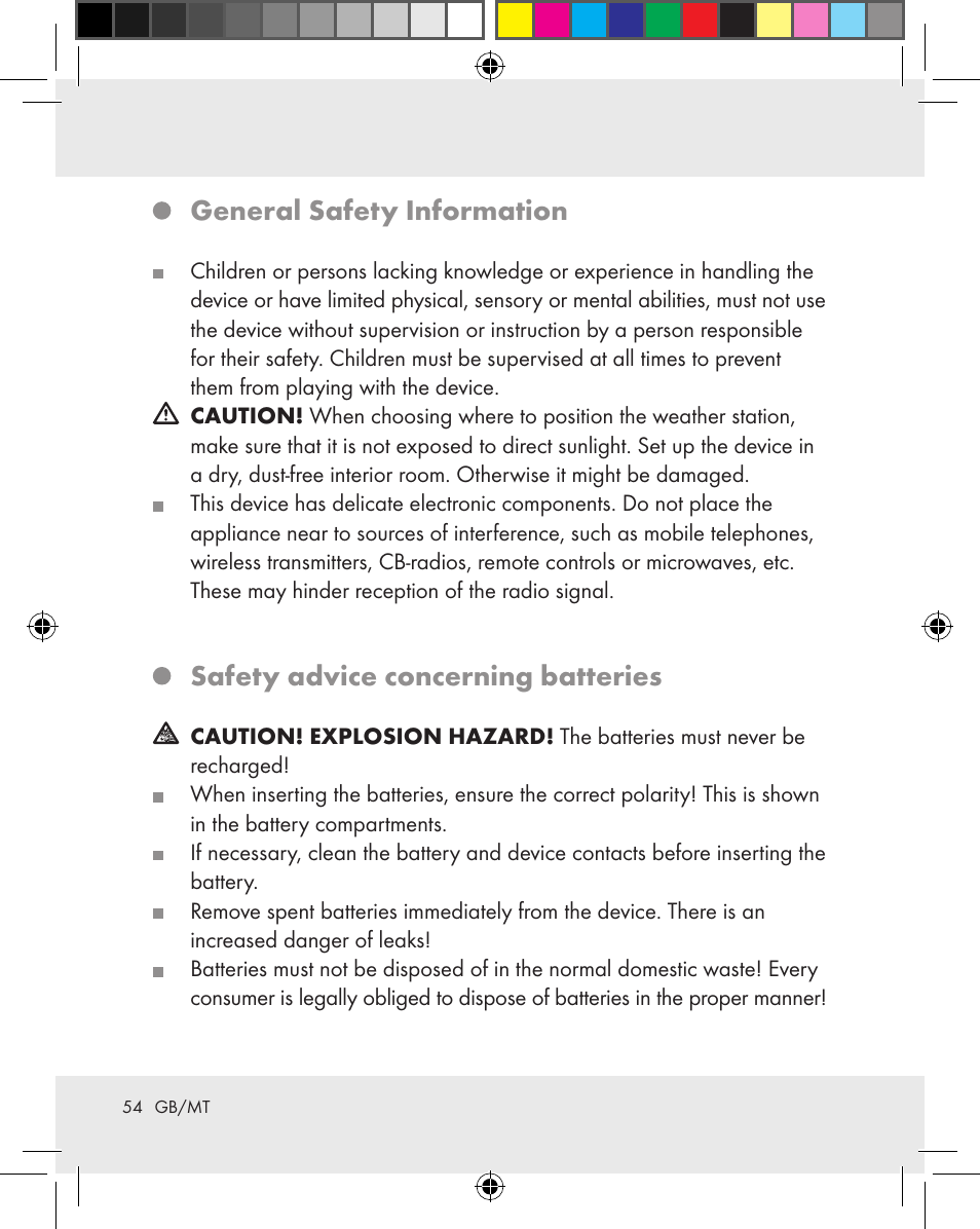 General safety information, Safety advice concerning batteries | Auriol Z31163 User Manual | Page 54 / 80