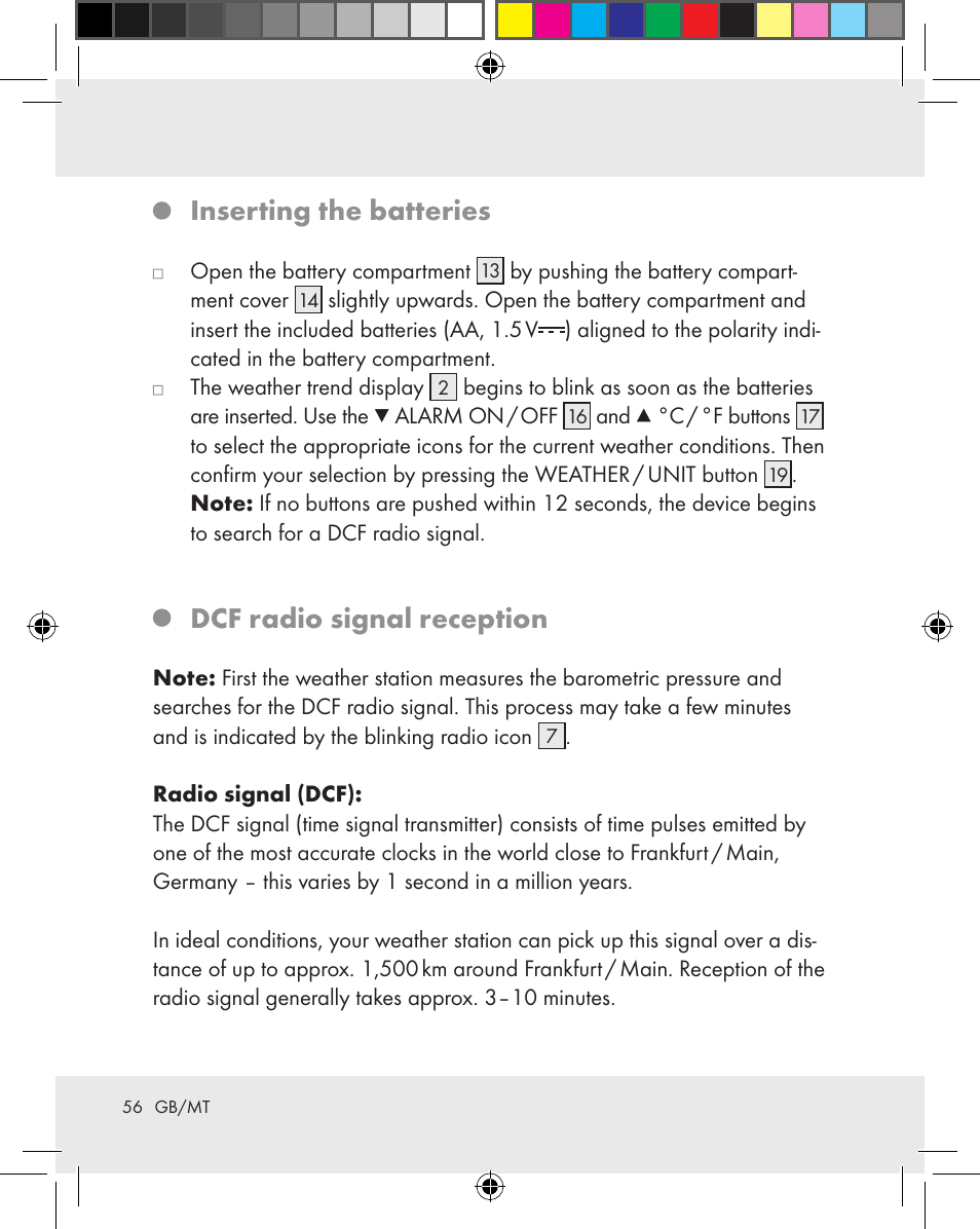 Inserting the batteries, Dcf radio signal reception | Auriol Z31163 User Manual | Page 56 / 80