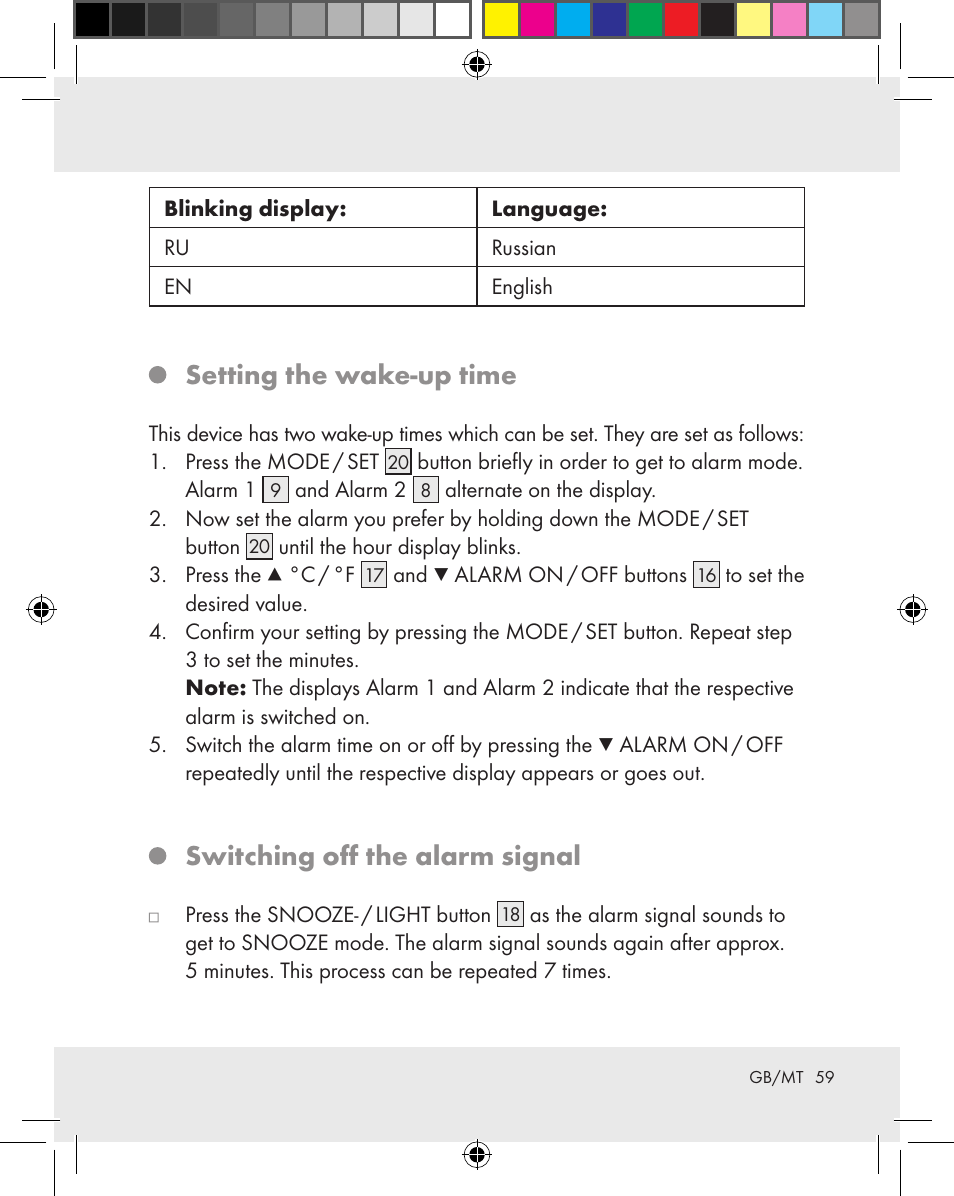 Setting the wake-up time, Switching off the alarm signal | Auriol Z31163 User Manual | Page 59 / 80