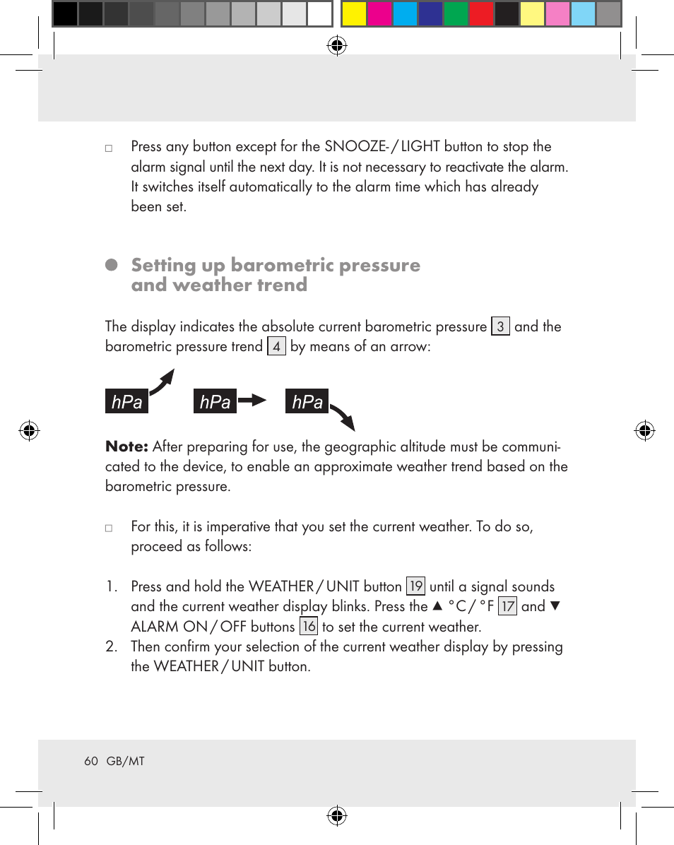 Setting up barometric pressure and weather trend | Auriol Z31163 User Manual | Page 60 / 80